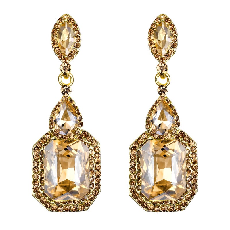 BriLove Large Long Women's Wedding Dangle Earrings Emerald Cut Crystal Infinity Figure 8 Statement Chandelier Earring for Prom Champagne - Image 1
